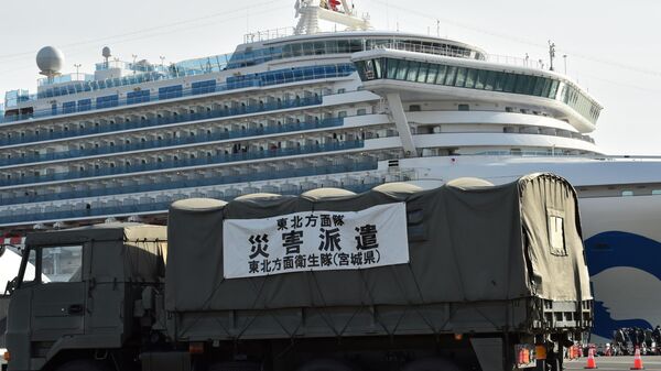 Оцепление возле круизного судна Diamond Princess в порту Йокогамы Оцепление возле круизного судна Diamond Princess в порту Йокогамы