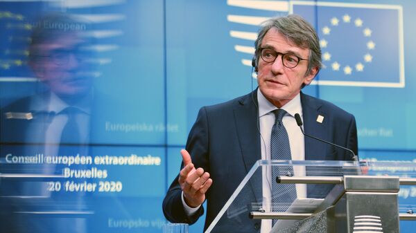 Председатель Европарламента Давид Сассоли на саммите ЕС в Брюсселе Председатель Европарламента Давид Сассоли на саммите ЕС в Брюсселе