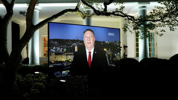 Госсекретарь США Майк Помпео на мониторе, установленном в Розовом саду Белого дома Госсекретарь США Майк Помпео на мониторе, установленном в Розовом саду Белого дома