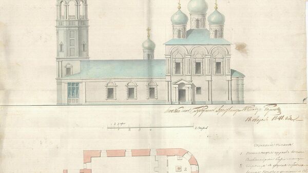 Рисунок фасада и план церкви Космы и Дамиана в Нижних Садовниках Рисунок фасада и план церкви Космы и Дамиана в Нижних Садовниках
