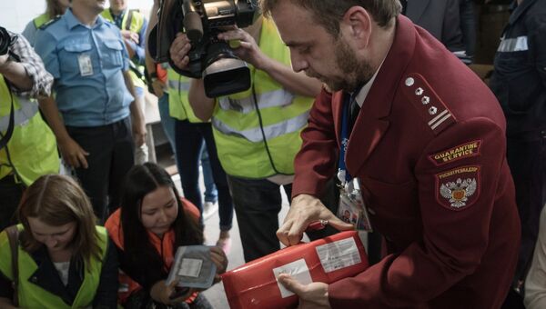 Сотрудник Роспотребнадзора (справа) демонстрирует санкционные продукты, подлежащие уничтожению в инсинераторе на территории аэропорта Пулково. Архивное фото Сотрудник Роспотребнадзора (справа) демонстрирует санкционные продукты, подлежащие уничтожению в инсинераторе на территории аэропорта Пулково. Архивное фото