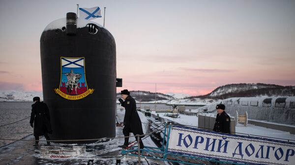 Атомная подводная лодка Юрий Долгорукий Северного флота ВМФ России на причале в Гаджиево Мурманской области. Архивное фото Атомная подводная лодка Юрий Долгорукий Северного флота ВМФ России на причале в Гаджиево Мурманской области. Архивное фото