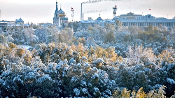 Успенский собор и администрация города на фоне заснеженного города Успенский собор и администрация города на фоне заснеженного города
