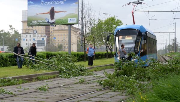 Сломанное ураганом дерево на трамвайных путях в Москве Сломанное ураганом дерево на трамвайных путях в Москве