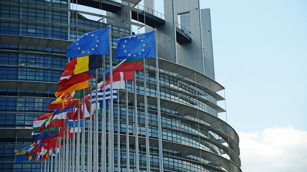Флаги ЕС у здания Европейского парламента в Страсбурге. Архивное фото Флаги ЕС у здания Европейского парламента в Страсбурге. Архивное фото