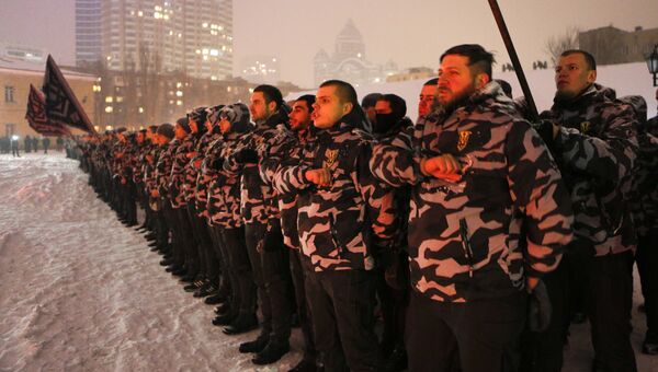 Волонтеры Национальной дружины во время марша в центре Киева. 28 января 2018 Волонтеры Национальной дружины во время марша в центре Киева. 28 января 2018