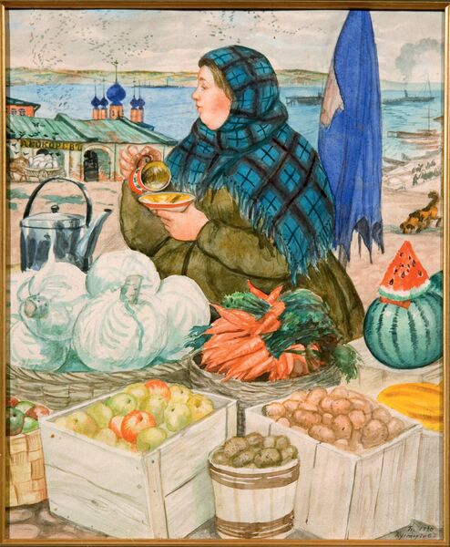 Торговка овощами, 1920. Серия акварелей. Воспроизведена в альбоме Русь. Русские типы Б.М. Кустодиева. Петроград, изд. Аквилон, 1923. Бумага, акварель, графитный карандаш. НИМ РАХ. Музей-квартира И.И. Бродского Торговка овощами, 1920. Серия акварелей. Воспроизведена в альбоме Русь. Русские типы Б.М. Кустодиева. Петроград, изд. Аквилон, 1923. Бумага, акварель, графитный карандаш. НИМ РАХ. Музей-квартира И.И. Бродского