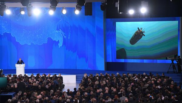 Владимир Путин выступает с ежегодным посланием Федеральному Собранию в ЦВЗ Манеж. 1 марта 2018 Владимир Путин выступает с ежегодным посланием Федеральному Собранию в ЦВЗ Манеж. 1 марта 2018