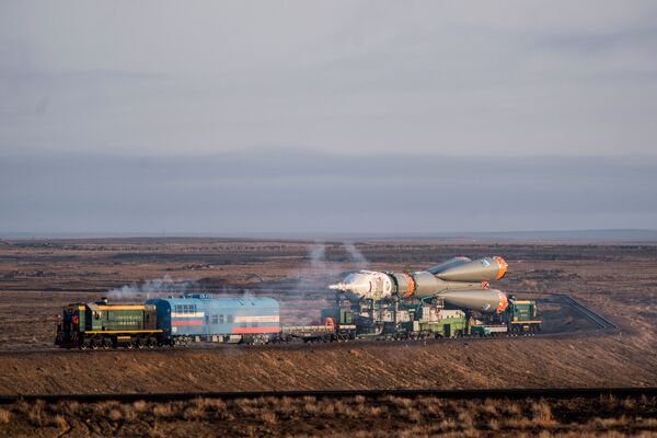 Вывоз ракеты-носителя Союз-ФГ c транспортно-пилотируемым кораблем Союз МС-08 на стартовую площадку космодрома Байконур. 19 марта 2018 Вывоз ракеты-носителя Союз-ФГ c транспортно-пилотируемым кораблем Союз МС-08 на стартовую площадку космодрома Байконур. 19 марта 2018