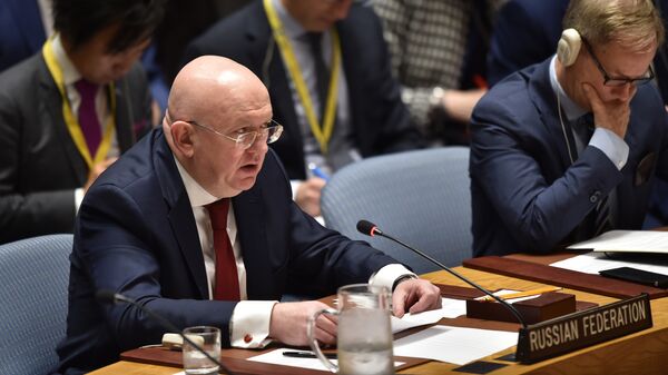 Постпред РФ при ООН Василий Небензя на заседании Совета Безопасности ООН в Нью-Йорке. 14 апреля 2018 Постпред РФ при ООН Василий Небензя на заседании Совета Безопасности ООН в Нью-Йорке. 14 апреля 2018