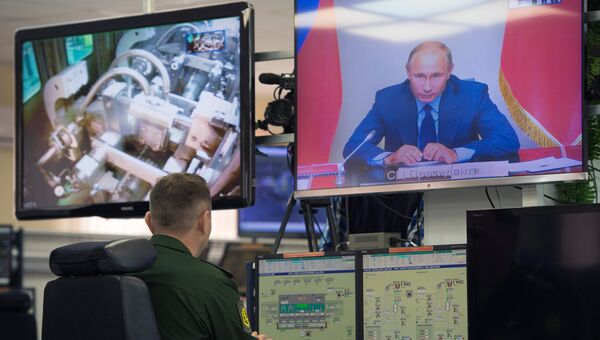 Трансляция видеоконференции, во время которой президент РФ Владимир Путин дал команду на уничтожение последнего химического боеприпаса в РФ на объекте Кизнер в Удмуртии. 27 сентября 2017 года Трансляция видеоконференции, во время которой президент РФ Владимир Путин дал команду на уничтожение последнего химического боеприпаса в РФ на объекте Кизнер в Удмуртии. 27 сентября 2017 года