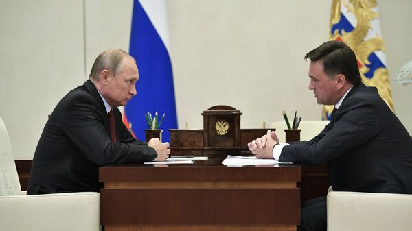 Президент РФ Владимир Путин и губернатор Московской области Андрей Воробьев во время встречи. 30 августа 2018 Президент РФ Владимир Путин и губернатор Московской области Андрей Воробьев во время встречи. 30 августа 2018