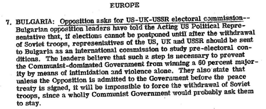 Сообщение в сводке от 23 сентября 1946 года о предвыборной ситуации в Болгарии Сообщение в сводке от 23 сентября 1946 года о предвыборной ситуации в Болгарии