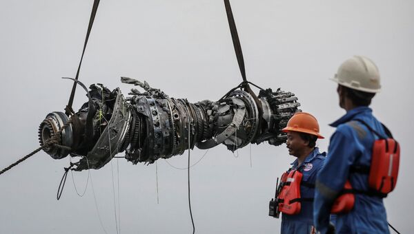 Спасатели поднимают двигатель разбившегося самолета Lion Air JT610. Архивное фото Спасатели поднимают двигатель разбившегося самолета Lion Air JT610. Архивное фото