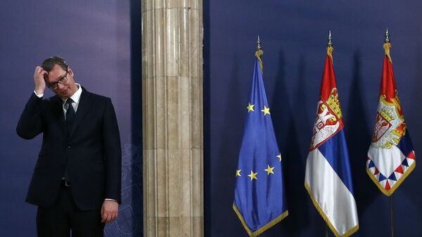 Президент Сербии Александр Вучич на пресс-конференции в Белграде Президент Сербии Александр Вучич на пресс-конференции в Белграде