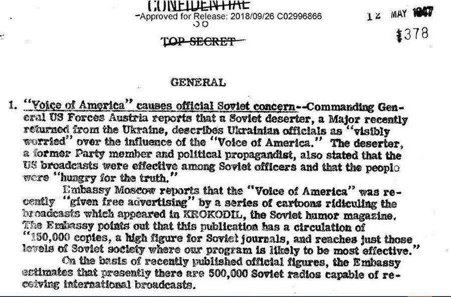Фрагмент обзора донесений разведки США от 12 мая 1947 года с сообщением о том, как Крокодил рекламирует Голос Америки Фрагмент обзора донесений разведки США от 12 мая 1947 года с сообщением о том, как Крокодил рекламирует Голос Америки