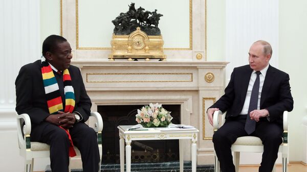 Президент РФ Владимир Путин и президент Республики Зимбабве Эммерсон Мнангагва во время встречи Президент РФ Владимир Путин и президент Республики Зимбабве Эммерсон Мнангагва во время встречи