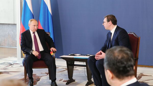Президент РФ Владимир Путин и президент Республики Сербии Александр Вучич во время встречи в Белграде Президент РФ Владимир Путин и президент Республики Сербии Александр Вучич во время встречи в Белграде