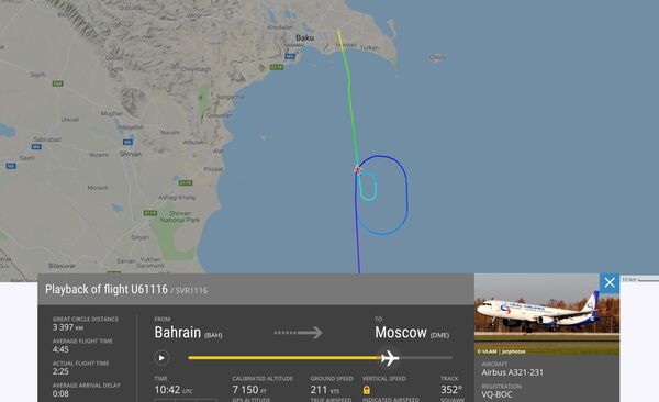 Схема полета самолета Airbus A321 авиакомпании Уральские авиалинии, экстренно приземлившегося в аэропорту Баку Схема полета самолета Airbus A321 авиакомпании Уральские авиалинии, экстренно приземлившегося в аэропорту Баку