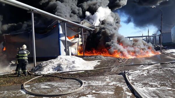 Пожар в ангаре на территории бывшей фермы в деревне Сергеево. 25 марта 2019