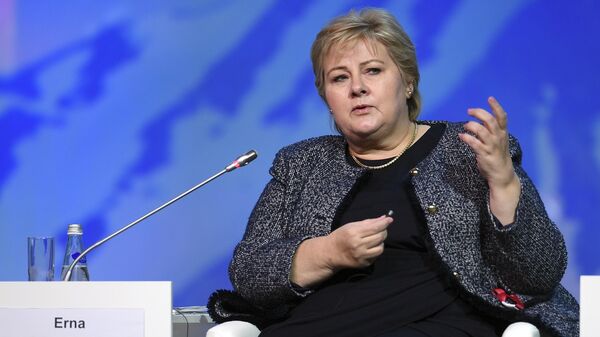Премьер-министр Королевства Норвегия Эрна Сульберг на пленарном заседании V Международного арктического форума Арктика – территория диалога в Санкт-Петербурге. 9 апреля 2019 Премьер-министр Королевства Норвегия Эрна Сульберг на пленарном заседании V Международного арктического форума Арктика – территория диалога в Санкт-Петербурге. 9 апреля 2019
