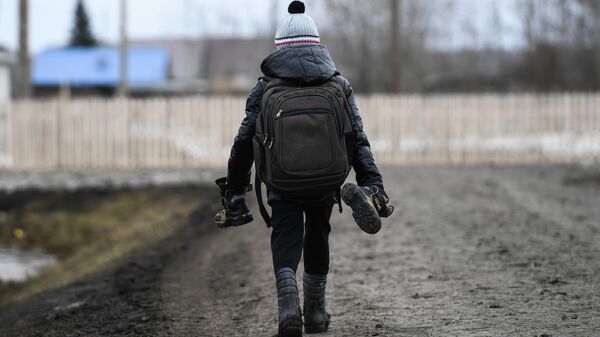 Мальчик идет в школу в деревне Аполлоновка Мальчик идет в школу в деревне Аполлоновка