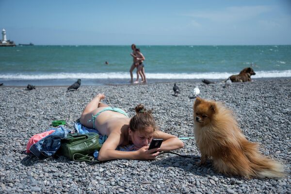 Девушка с собакой на городском пляже ялтинской набережной им. Ленина