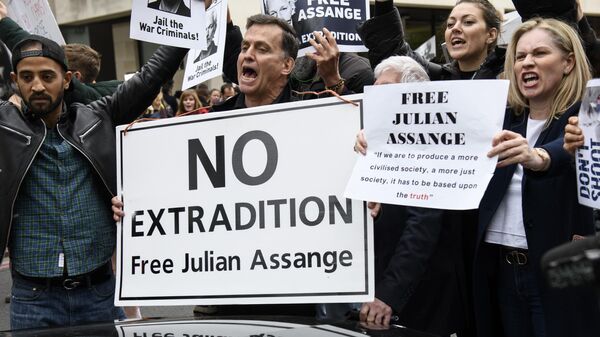 Участники акции в поддержку основателя WikiLeaks Джулиана Ассанжа у здания Вестминстерского мирового суда в Лондоне Участники акции в поддержку основателя WikiLeaks Джулиана Ассанжа у здания Вестминстерского мирового суда в Лондоне