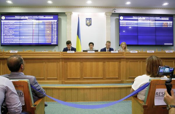 Члены Центральной избирательной комиссии Украины во время оглашения промежуточные результаты парламентских выборов. 22 июля 2019 года Члены Центральной избирательной комиссии Украины во время оглашения промежуточные результаты парламентских выборов. 22 июля 2019 года