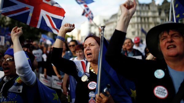 Участники акции против Brexit возле здания парламента в Лондоне Участники акции против Brexit возле здания парламента в Лондоне