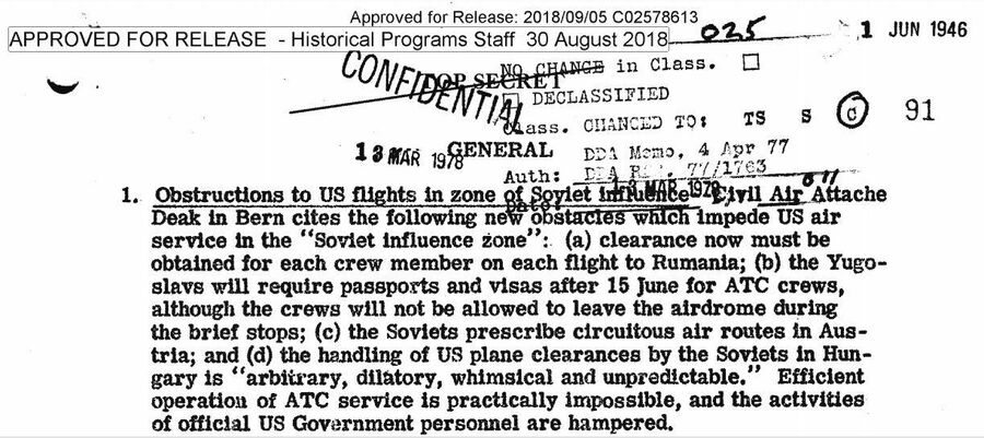 Фрагмент сводки ЦРУ от 1 июня 1946 года об ужесточении режима воздушеного сообщения Фрагмент сводки ЦРУ от 1 июня 1946 года об ужесточении режима воздушеного сообщения
