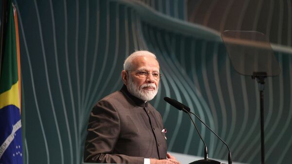 Премьер-министр Индии Нарендра Моди на церемонии закрытия Делового форума БРИКС в Бразилии