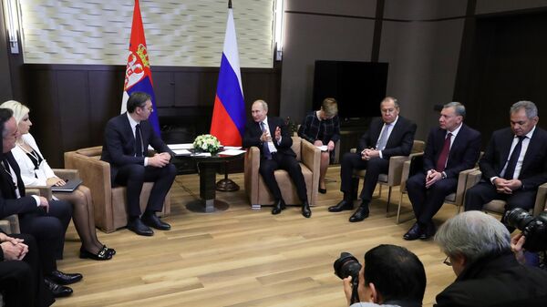 Президент РФ Владимир Путин и президент Сербии Александр Вучич во время встречи Президент РФ Владимир Путин и президент Сербии Александр Вучич во время встречи