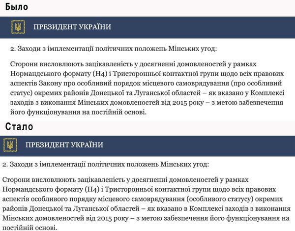 Часть текста коммюнике Нормандской четверки на сайте Президента Украины, подвергшаяся изменениям Часть текста коммюнике Нормандской четверки на сайте Президента Украины, подвергшаяся изменениям