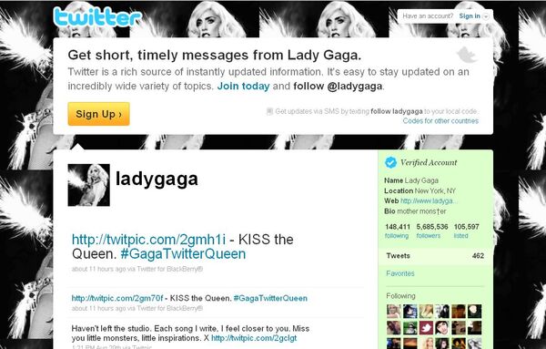 Скриншот странички Lady Gaga в популярной сети Twitter Скриншот странички Lady Gaga в популярной сети Twitter