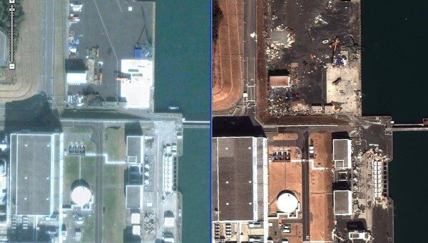 Спутниковая съемка последствий землетрясения на АЭС Фукусима-2. Архивное фото Спутниковая съемка последствий землетрясения на АЭС Фукусима-2. Архивное фото