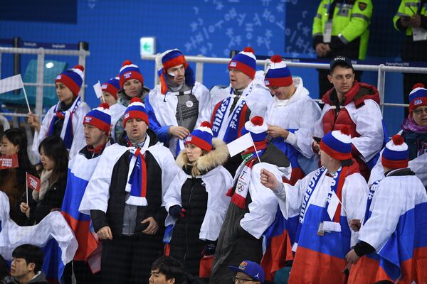 Болельщики во время матча за 3-е место Финляндия - Россия по хоккею среди женщин Болельщики во время матча за 3-е место Финляндия - Россия по хоккею среди женщин