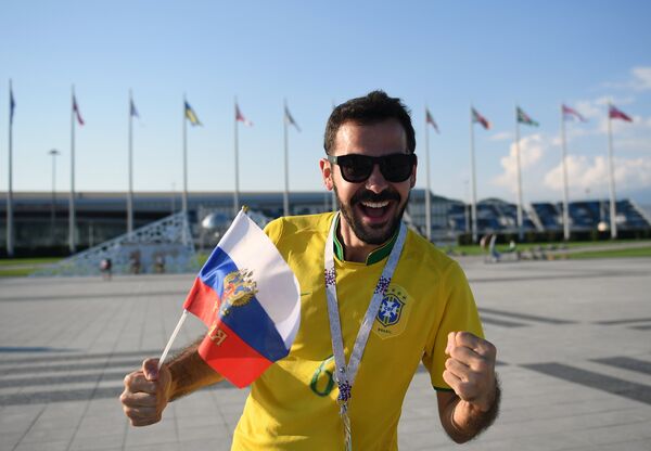 Бразильский болельщик перед началом матча 1/4 финала чемпионата мира между сборными России и Хорватии Бразильский болельщик перед началом матча 1/4 финала чемпионата мира между сборными России и Хорватии